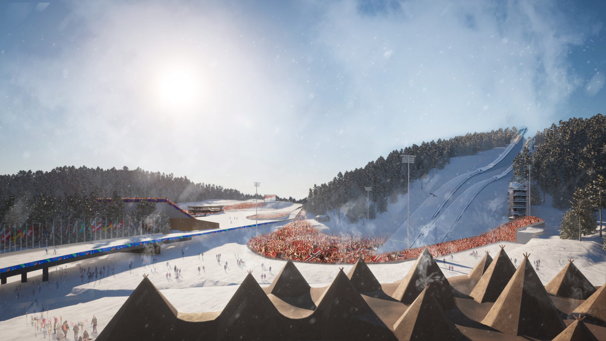 Panorama fra stor-VIP VM-anlegget: Brimi-lavvoene har utsikt til både hopparena og langrennsløyper. Illustrasjonsfoto: Ski-VM 2025