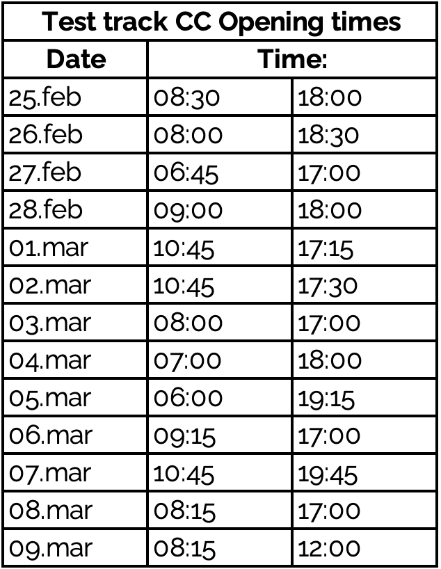 Test track CC Opening times
